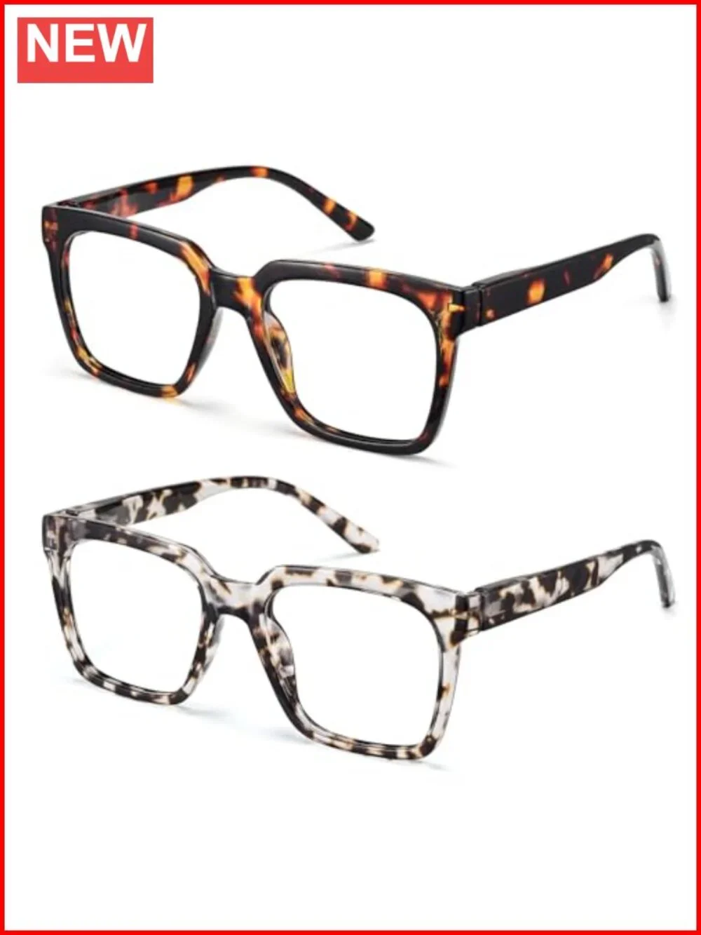Oversized Square Reading Glasses for Women Men, Blue Light Filtering, 2 Pack